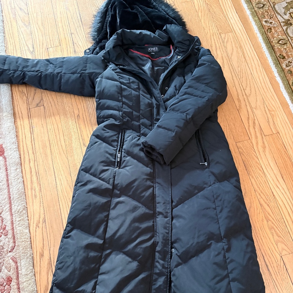 Jones New York Long Black Maxi DOWN Hooded Winter Coat--Medium